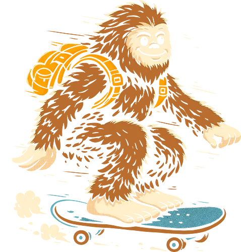 Bigfoot On The Move - bigfoot, sasquatch, adventure, explore, wander, skate, skateboard, skater, journey, legend, cryptid, forest, travel, freedom, wild, explorer, movement, outdoor, creature, bold