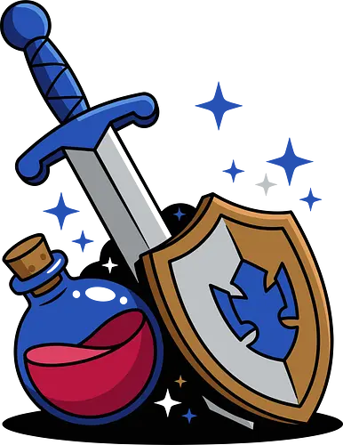 Hero's Starter Kit - hero starter kit shirt, fantasy rpg t-shirt, sword and shield graphic tee, health potion design, tabletop gaming apparel, retro video game loot shirt, dnd inspired clothing, knight equipment t-shirt, adventure quest apparel, blue and gold fantasy art, warrior starter pack tee, vintage rpg gamer shirt, magic potion bottle top, dungeon crawler merch, medieval fantasy streetwear, video game weapon t-shirt, geeky gamer gift, classic questing gear shirt, iconic fantasy items apparel