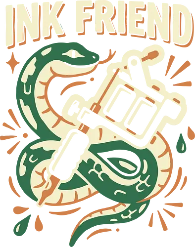 "Ink Friend" Traditional Snake & Tattoo Machine Graphic - nk friend shirt, tattoo machine t-shirt, traditional snake tattoo graphic tee, tattoo artist apparel, coiled green snake design, neo-traditional tattoo clothing, tattoo studio fan merch, edgy snake streetwear, tattoo machine illustration top, ink addict t-shirt, vintage tattoo flash art, forest green snake graphic, professional tattoo gear shirt, body art enthusiast clothing, bold snake and needle tee, tattoo culture fashion, ink lover gift, retro tattoo style streetwear, artistic snake graphic t-shirt