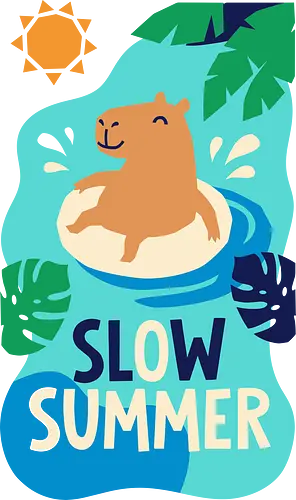 Slow Summer - slow summer shirt, chill capybara t-shirt, capybara pool float graphic tee, tropical animal apparel, summer vacation clothing, cute capybara beach top, monstera leaf design, pool party t-shirt, relaxed animal streetwear, capybara lover gift, teal and orange summer shirt, whimsical ocean illustration, coastal lifestyle apparel, funny summer animal tee, aesthetic tropical merch, beach vibe clothing, happy capybara art, vacation mode t-shirt, trendy animal graphic top