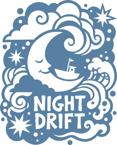 Night Drift - night drift shirt, celestial moon t-shirt, whimsical sailboat graphic tee, moon and stars apparel, nautical dream design, stars and clouds t-shirt, whimsical maritime apparel, bohemian moon shirt, dark blue graphic tee, vintage storybook aesthetic clothing, crescent moon sailboat top, navy blue celestial art, minimalist sailor t-shirt, dreamy night sky graphic, folk art ocean shirt, celestial waves streetwear, moon face illustration merch, indie aesthetic clothing, peaceful nautical top