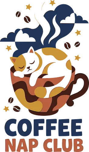 Coffee Nap Club - coffee mug cat design, coffee nap club shirt, cozy cat t-shirt, sleeping calico cat graphic tee, caffeine lover apparel, aesthetic coffee streetwear, lazy day t-shirt, funny coffee parody clothing, minimalist cat art top, navy and mustard graphic tee, coffee and nap lover gift, kitten in a cup shirt, night owl caffeine merch, cozy vibes apparel, whimsical cat illustration, coffee bean graphic t-shirt, stylish barista fashion, sleeping pet t-shirt, trendy cat lady clothing