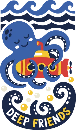 "Deep Friends" Cute Octopus - children's ocean t-shirt, sea explorer merch, cute cephalopod apparel, underwater adventure shirt, coastal style graphic top, wholesome animal t-shirt, deep friends shirt, cute octopus t-shirt, submarine graphic tee, nautical animal apparel, friendly octopus design, ocean life streetwear, red submarine clothing, navy blue octopus top, whimsical sea creature shirt, marine life lover gift, aesthetic nautical clothing, submarine and octopus art, navy and yellow graphic tee