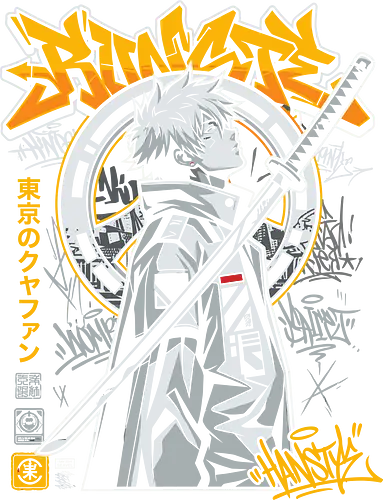 "Tokyo Cyber Samurai" Futuristic Streetwear Graphic - cyber samurai shirt, futuristic ninja t-shirt, tokyo streetwear graphic tee, cyberpunk aesthetic clothing, japanese graffiti t-shirt, white haired anime warrior design, techwear fashion top, katana swordsman shirt, urban samurai apparel, high contrast graphic tee, japanese typography streetwear, neon yellow and black shirt, futuristic ronin t-shirt, anime inspired streetwear, cyber ninja merch, gritty character illustration, modern samurai clothing, sci-fi warrior t-shirt, industrial aesthetic top