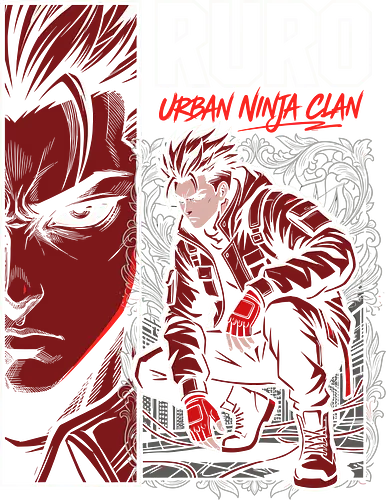 "RURO Urban Ninja Clan" Edgy Techwear Anime Aesthetic - urban ninja clan shirt, ruro anime t-shirt, tactical ninja streetwear, edgy red anime graphic tee, techwear aesthetic clothing, shinobi urban warrior design, crimson red character art, tactical gear anime top, modern ninja illustration, dark shonen aesthetic shirt, original character streetwear, ninja squad goals apparel, red and black anime merch, futuristic ninja t-shirt, high contrast manga style, urban tactical ninja gear, mysterious anime warrior top, stylish otaku fashion, gritty ninja action shirt