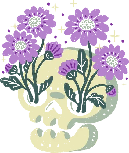 Skull with Purple Flowers - skull flowers, skull, flowers, purple, spring, floral, dark, goth, death, black, creepy cute, spooky cute, minimal, nature, xmorfina
