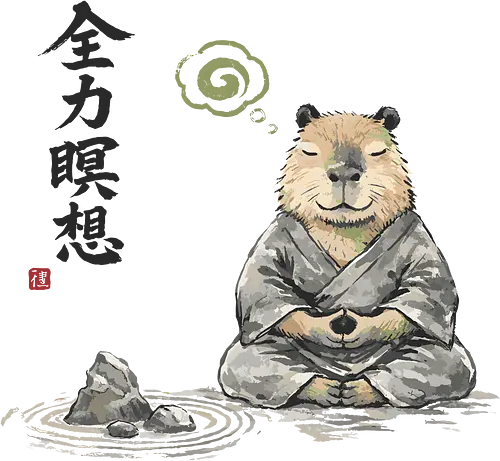 Capybara Zen Meditation Japanische Tuschekunst - capybara meditation, zen capybara, japanische meditation, tier zen kunst, capybara entspannt, sumi-e meditation, japanischer zen, witziges tier, buddhist tier, entspanntes tier, tusche malerei, zen nager, japanische kunst, capybara lustig