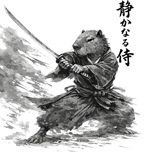 Capybara Samurai Bewegung Dynamische Tuschekunst - capybara dynamisch, samurai bewegung, japanische aktion, tier kämpft, capybara katana, tusche aktion, sumi-e dynamisch, witziger samurai, capybara lustig, nager kämpfer, japanische bewegung, vintage aktion, tier kunst, japan tier