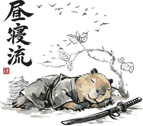 Schlafender Capybara Samurai Zen Tuschezeichnung - schlafender capybara, capybara schläft, lustiger samurai, zen schlaf, fauler samurai, entspannter krieger, capybara witzig, tier schläft, japanische kunst, sumi-e lustig, nager schläft, japan humor, capybara faul, vintage japan