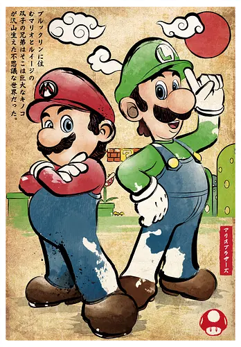 Super Plumber Bros woodblock - super mario galaxi, mario bros, luigi, movies, japanese art, woodblock, ukiyo-e, peach