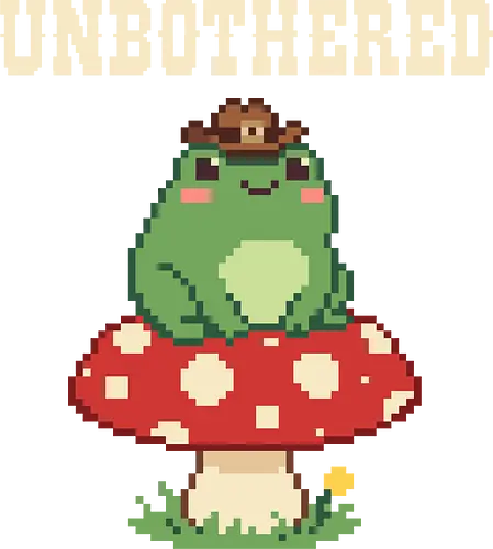 Unbothered Cowboy Frog on Mushroom - Cute Pixel Art - frog, unbothered, mushroom, pixel art, cowboy frog, cute frog, cottagecore, 8 bit, retro, toad, funny frog, chill, kawaii, introvert, yeehaw, red mushroom, goblincore, peace, animal meme, cowboy hat