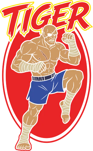 Sagat: Tiger Uppercut Legend - Sagat, Beat em up, Tiger Uppercut, Muay Thai fighter, retro gaming apparel, fighting game fan art, arcade classic