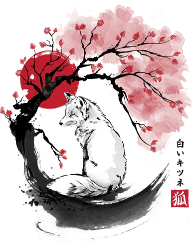 White kitsune sumi e - anime, manga, japan, japanese art, fox, animals, kitsune