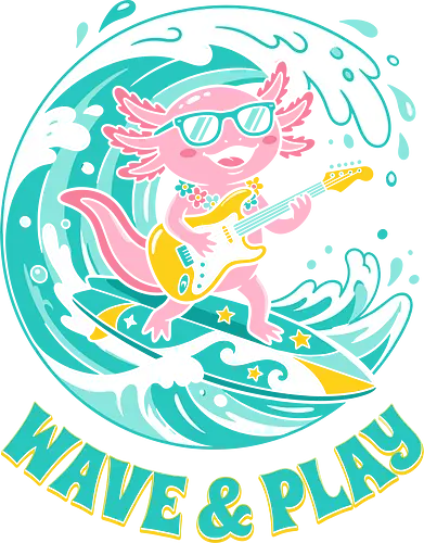 Surfing Axolotl: Wave & Play - Axolotl, surfing axolotl, guitar playing animal, wave and play, kawaii aesthetic, summer vibe apparel, beach graphic tee, cute sea creature, music and surf art, colorful animal illustration