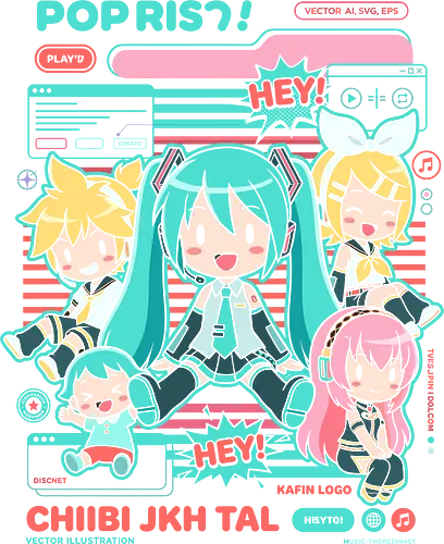 Vocaloid Chibi Party: Pop Rhythm - Hatsune Miku, Vocaloid fan art, chibi anime girls, Kagamine Rin and Len, Megurine Luka, virtual idol, kawaii aesthetic, J-pop style, anime concert apparel, vocal synth design