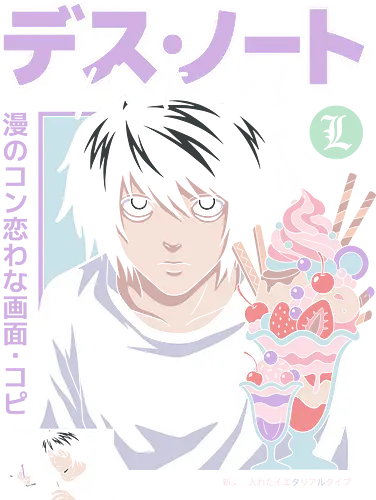 L: Sweet Justice (Death) - L Lawliet, Death, L Death Note, sweet detective, pastel anime aesthetic, anime fan art, L with sweets, Ryuzaki, vintage anime poster, soft grunge anime shirt