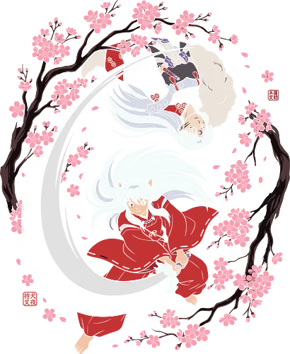 Inuyasha & Sesshomaru: Cherry Blossom Duel - cherry blossom art, sakura aesthetic, anime fan art, Inuyasha apparel, traditional Japanese style anime, demon brothers, brothers