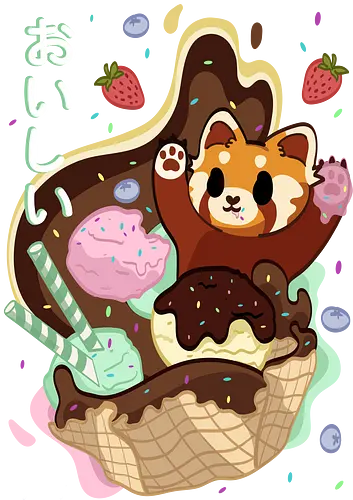Oishii fox - fox, food, dessert, ice cream, red panda, japan, japanesse letters, cute