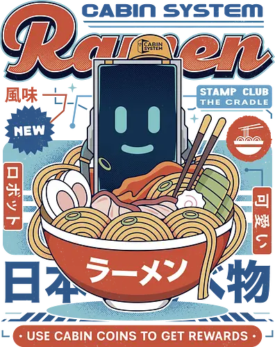 Cabin Coins Ramen Vintage - pragmata, diana, hugh, cabin coins, stamp, robot, space, gaming, gamer, video game, lunar, moon, astronaut, science fiction, ramen