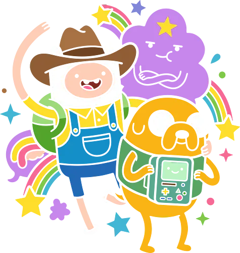Cartoon: Cowboy Finn & Pals - Cartoon, Finn the Human, Jake the Dog, Cowboy Finn, BMO, Lumpy Space Princess, cartoon doodle art, kawaii anime aesthetic, whimsical adventure shirt, Cartoon Network fan art