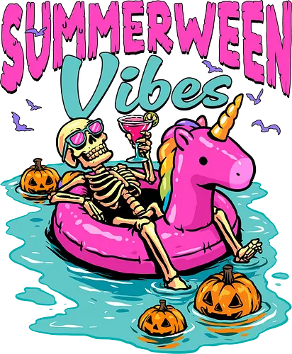 Summerween Vibes - summerween, beach, halloween, holiday, hot ghoul summer, skeleton, spooky, spooky season, summer, summer of love, summer vibes, summertime, summerween skeleton, unicorn, vacation