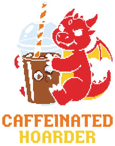 Caffeinated Hoarder - Funny Pixel Art Iced Coffee Dragon - caffeinated hoarder, dragon, iced coffee, coffee lover, pixel art, 8 bit, funny dragon, cute dragon, caffeine addict, retro gamer, fantasy creature, dragon hoard, coffee addict, cold brew, barista, tired, funny coffee quote, mythical beast, tabletop gamer, nerdy humor