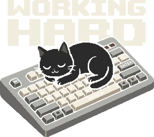 Working Hard - Funny Black Cat on Keyboard Pixel Art - black cat, cat on keyboard, working hard, pixel art, 8 bit, funny cat, sleeping cat, work from home, wfh humor, lazy, retro computer, mechanical keyboard, programmer humor, coder, office humor, sarcastic, cute cat, cat lover, gamer aesthetic, procrastination