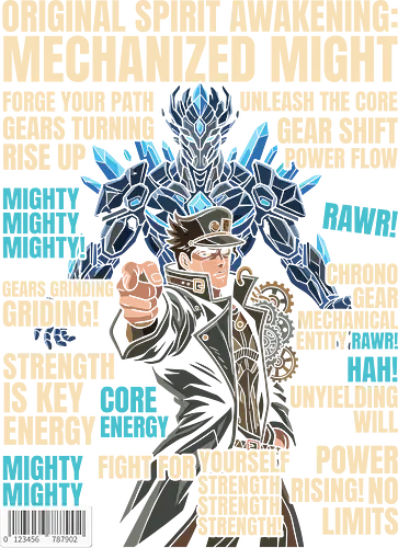 Mechanized Spirit: Awakening - Mechanized spirit, anime mecha art, steampunk hero, gear shift design, heroic anime poster, industrial anime aesthetic, battle ready graphic tee, powerful entity art, shonen style apparel, manga magazine cover style