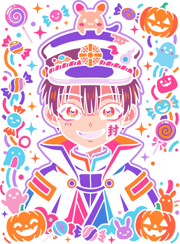 Hanako-kun: Pastel Halloween Party - Hanako-kun, Toilet-Bound Hanako-kun, TBHK fan art, kawaii halloween, anime ghost boy, cute spooky aesthetic, pastel anime art, Jibaku Shounen Hanako-kun, anime candy design, otaku halloween apparel