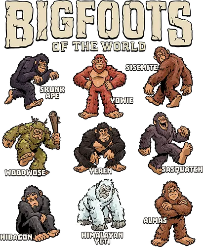 Bigfoots of the World - bigfoot, almas, big foot, creature, cryptid, cryptozoology, hibagon, monster, sasquatch, sisemite, skunk ape, woodwose, yeren, yeti, yowie