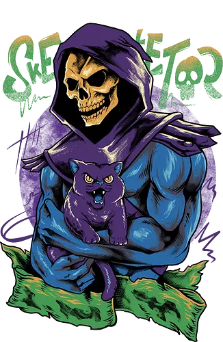 skull love cat  - master, skeletor, skeleton, skull, vintage, classic, cat, kitty, cat lover, pet, animal, movie, cartoon, 80s, 90s, popart