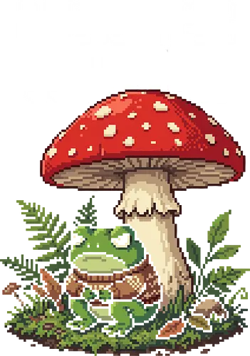 Cozy Grumpy Frog Under Mushroom - Cottagecore Pixel Art - frog under mushroom, grumpy frog, cottagecore, goblincore, pixel art, amanita mushroom, forest frog, cozy sweater, nature aesthetic, retro 8-bit, cute amphibian, woodland art, toadstool, fairycore, forestcore, nature lover gift, moody frog, indie aesthetic, swamp life, forest floor, mossy aesthetic, 90s retro art