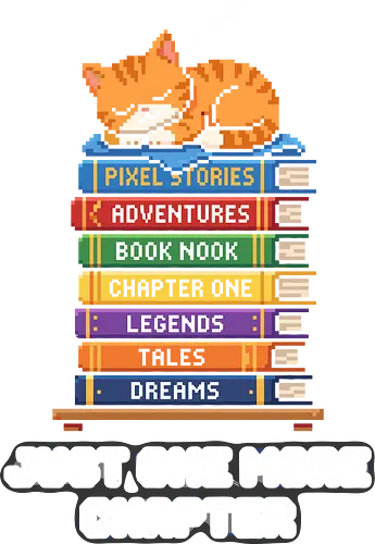 Just One More Chapter - Sleeping Pixel Cat Book  - bookworm, reading, cat lover, just one more chapter, bibliophile, pixel art, 8-bit, cozy aesthetic, book stack, library, librarian gift, ginger cat, tabby cat, bookish, literature, teacher gift, book nook, sleeping cat, book lover gift, retro gaming style, cute animal, reader, bookstore humor, book club