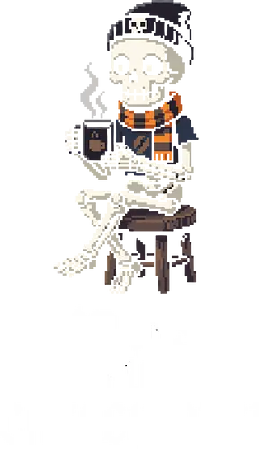 Cozy Coffee Skeleton - Retro Pixel Art Hipster Bones - skeleton, coffee, pixel art, 8-bit, cozy, hipster, beanie, scarf, bones, caffeine, morning person, spooky cute, retro gaming, fall aesthetic, autumn, coffee lover, skull, gift for her, gift for him, gothic, caffeine addict, skeleton art, cafe vibes