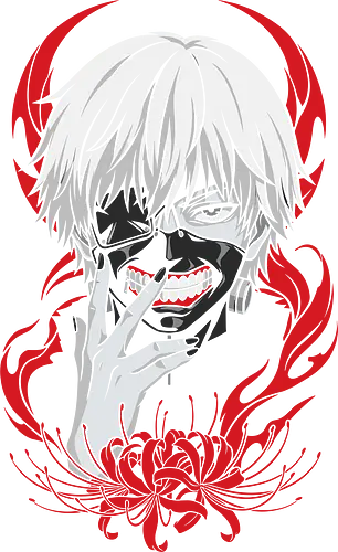 Ghoulish Spider Lily - Ken Kaneki t-shirt, Tokyo Ghoul shirt, anime clothing, ghoul mask tee, white hair anime merch, black and red anime art, spider lily design, edgy anime shirt, dark fantasy graphic tee, manga fan art clothing, streetwear anime, vector style shirt, anime mask character, peace sign anime pose, unique anime apparel, Tokyo Ghoul collector's item, high-contrast anime design.