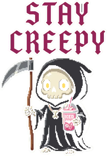 Stay Creepy - Kawaii Pixel Art Grim Reaper with Iced Coffee - stay creepy, grim reaper, pixel art, 8-bit, kawaii goth, pastel goth, iced coffee, spooky cute, skeleton, halloween, boba, retro gaming, reaper, sarcastic, gothic, cute horror, coffee lover, death, scythe, aesthetic, pink drink, emo art, spooky season, coffee addict