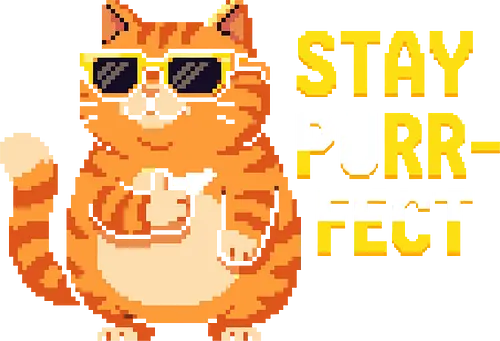 Stay Purr-fect - Retro Pixel Art Cool Orange Cat Tee - stay purr-fect, pixel art cat, orange tabby, cat pun, cool cat, sunglasses, thumbs up, 8-bit, retro gaming, ginger cat, funny cat, cute animal, vintage pixel, 90s aesthetic, positive vibes, cat owner gift, gamer cat, kitten art, feline, animal puns, cat humor, retro style, cat lover tee