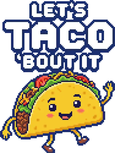 Let's Taco 'Bout It - Cute Pixel Art Food Pun - taco, food pun, let's taco bout it, pixel art, 8-bit, retro, kawaii, cute taco, mexican food, foodie, taco tuesday, funny food, cartoon taco, walking taco, retro gaming style, pixelated, humor, taco lover, snack, vintage gaming, happy taco, food joke, colorful, graphic tee, fiesta.