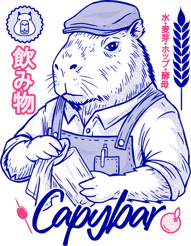 Capybar - capybar, capybara, barista, coffee, caffeine, cafe, animal, cute, funny, japan, japanese, aesthetic, vintage, retro, chill, calm, cozy, hipster, artisan, espresso, latte, illustration, ink, lineart, graphic, streetwear, design, culture, minimal, trendy