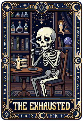 The Exhausted - Retro Skeleton Coffee Tarot Card Pixel Art - tarot, tarot card, skeleton, coffee, exhausted, tired, burnout, pixel art, 8-bit, gothic, occult, witchy, dark academia, caffeine, relatable, funny, spooky, magic, runes, moon, stars, morning mood, skeleton art, retro gaming, dead inside.
