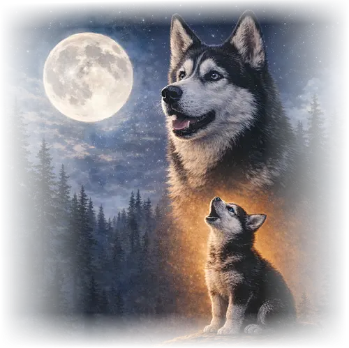 Husky Und Welpe Heulen Vollmond Nacht Wald Sternenhimmel Illustration Kunst - Husky Kunst, Siberian Husky, Husky Welpe, Hund und Welpe, Vollmond Hund, Nachtwald Kunst, Sternenhimmel Hund, heulender Hund, wolfsartiger Hund, Hundeliebhaber Kunst, Nacht Illustration, Winterwald Hund, blauäugiger Hund, majestätischer Hund