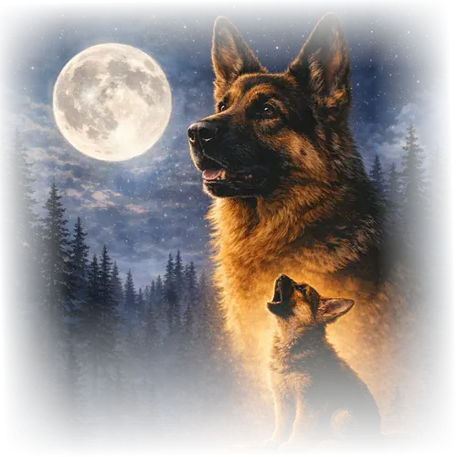 Deutscher Schäferhund Und Welpe Vollmond Nachtwald Sternenhimmel Illustration - Schäferhund Kunst, Schäferhund Welpe, Hund und Welpe, Vollmond Schäferhund, Nachtwald Hund, treuer Hund Kunst, Schutzhund Illustration, Schäferhund Gemälde, Sternenhimmel Hund, Hund Duo Kunst, Nachtszene Hund, majestätischer Schäferhund, Hundeportrait, Arbeitshund Kunst