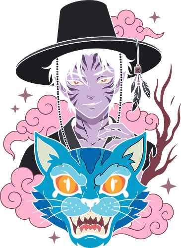 Mystic Phantom: Anime Demon Spirit & Blue Tiger Graphic - anime demon graphic, streetwear anime print, purple yokai boy, blue tiger mask art, Korean mythology illustration, gat hat anime character, pastel pink clouds graphic, mystic spirit poster, alt fashion tee design, fantasy manga aesthetic, cool anime boy shirt, Japanese folklore art, edgy streetwear graphic, magical feline print, aesthetic anime design