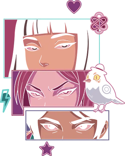 Mystic Gaze: Pop Art Comic Girls & Bird - pop art graphic print, anime eyes illustration, comic book panel art, pastel aesthetic shirt design, streetwear graphic tees, cute bird in hat, retro 90s anime style, manga girl graphic, edgy female faces vector, mystic eyes poster, indie pop art, pastel purple and teal aesthetic, quirky character illustration, alternative fashion print, girl power graphic art