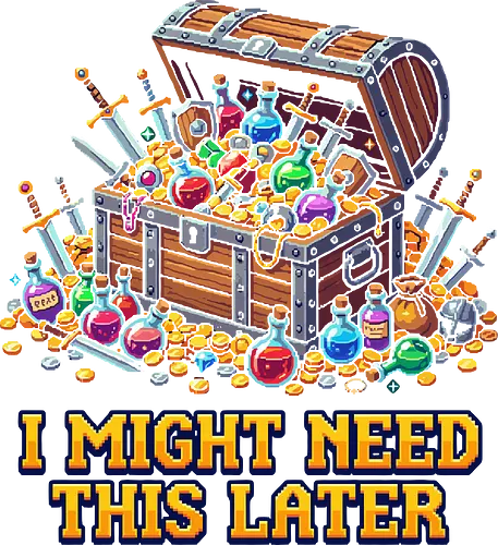 I Might Need This Later - Funny RPG Loot Hoarder Pixel Art - rpg, gaming, loot, treasure chest, potion, funny, hoarding, gamer humor, retro, pixel art, 8-bit, fantasy, adventurer, swords, gold coins, dungeon crawler, tabletop, tabletop rpg, video games, nostalgia, nerd, geek, inventory, magic, gamer gift
