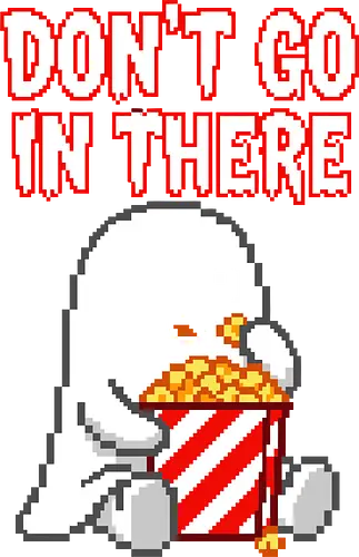 Don't Go In There - Scared Ghost Horror Movie Pixel Art - ghost, horror movie, popcorn, movie night, scary movie, don't go in there, pixel art, 8-bit, retro, Halloween, spooky, cute ghost, movie fan, horror lover, cinema, film lover, trope, funny horror, scaredy cat, creepy cute, pixelated, popcorn bucket, movie marathon, slasher fan, thriller