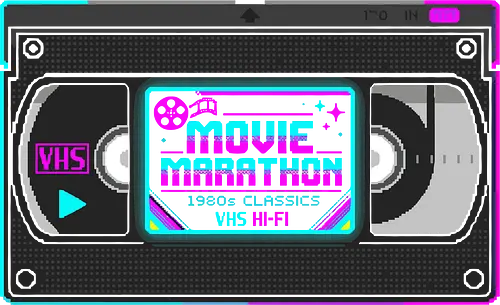 Retro Movie Marathon - 80s VHS Tape Pixel Art - vhs, retro, 80s, movie marathon, pixel art, 8-bit, synthwave, vaporwave, neon, nostalgia, vintage, cinema, movie night, 1980s, film, analog, video tape, home video, throwback, aesthetic, classic movies, hi-fi, geek, nerd, 90s