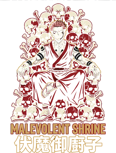 Malevolent Shrine: King of Curses on Skull Throne - Ryomen Sukuna, Jujutsu, JJK, King of Curses, Malevolent Shrine, Domain Expansion, skull throne design, dark anime aesthetic, anime villain graphic, Japanese kanji art, manga streetwear, otaku merchandise, cursed energy shirt, shonen anime apparel, dark fantasy illustration