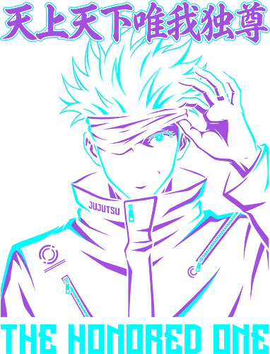 The Honored One: Neon Limitless Sorcerer Anime Graphic - Satoru Gojo, Jujutsu, JJK, The Honored One, Six Eyes, Limitless sorcerer, neon anime aesthetic, vaporwave anime graphic, Japanese kanji shirt, anime streetwear, strongest sorcerer, manga apparel, cyan and purple art, blindfold anime character, shonen anime design