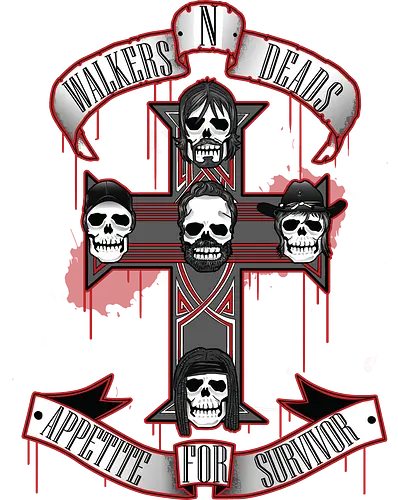 Appetite for Survivor - Zombie Rock Mashup Überlebende Kreuz Schädel Blut - Walkers N Deads Poster, Walking Dead GNR Mashup, Appetite for Survivor, Rick Grimes Daryl Dixon, Zombie Rock Mashup, Geek Poster, Popkultur Mashup, Hard Rock Zombie, TWD Mashup, alternativer Streetwear, Geek Geschenk, Schädel Rock, kinematografisches Poster, GNR Parodie, alternatives Rock Shirt